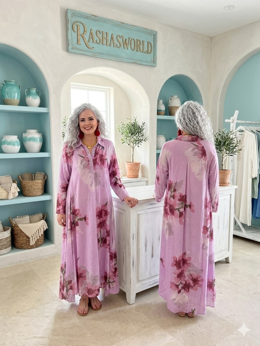 100% Linen 🇮🇹 Rashasworld Floral Linen Maxi Dress with Pink Blooms  O/S